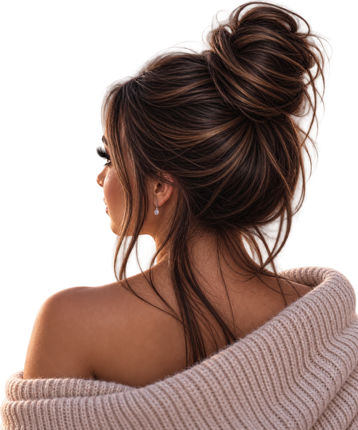 Christie photographed from behind with dark hair in a bun