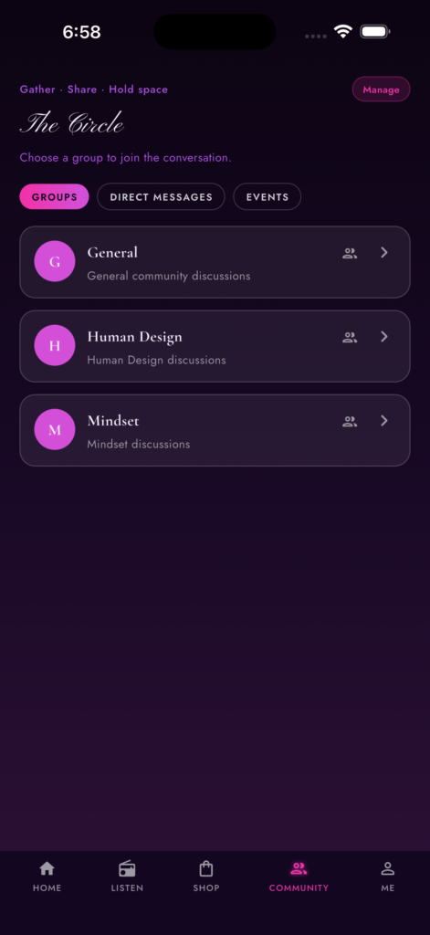 The Circle community inside the app